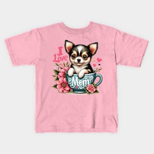 Chihuahua Puppy in a Cup I Love Mom Kids T-Shirt